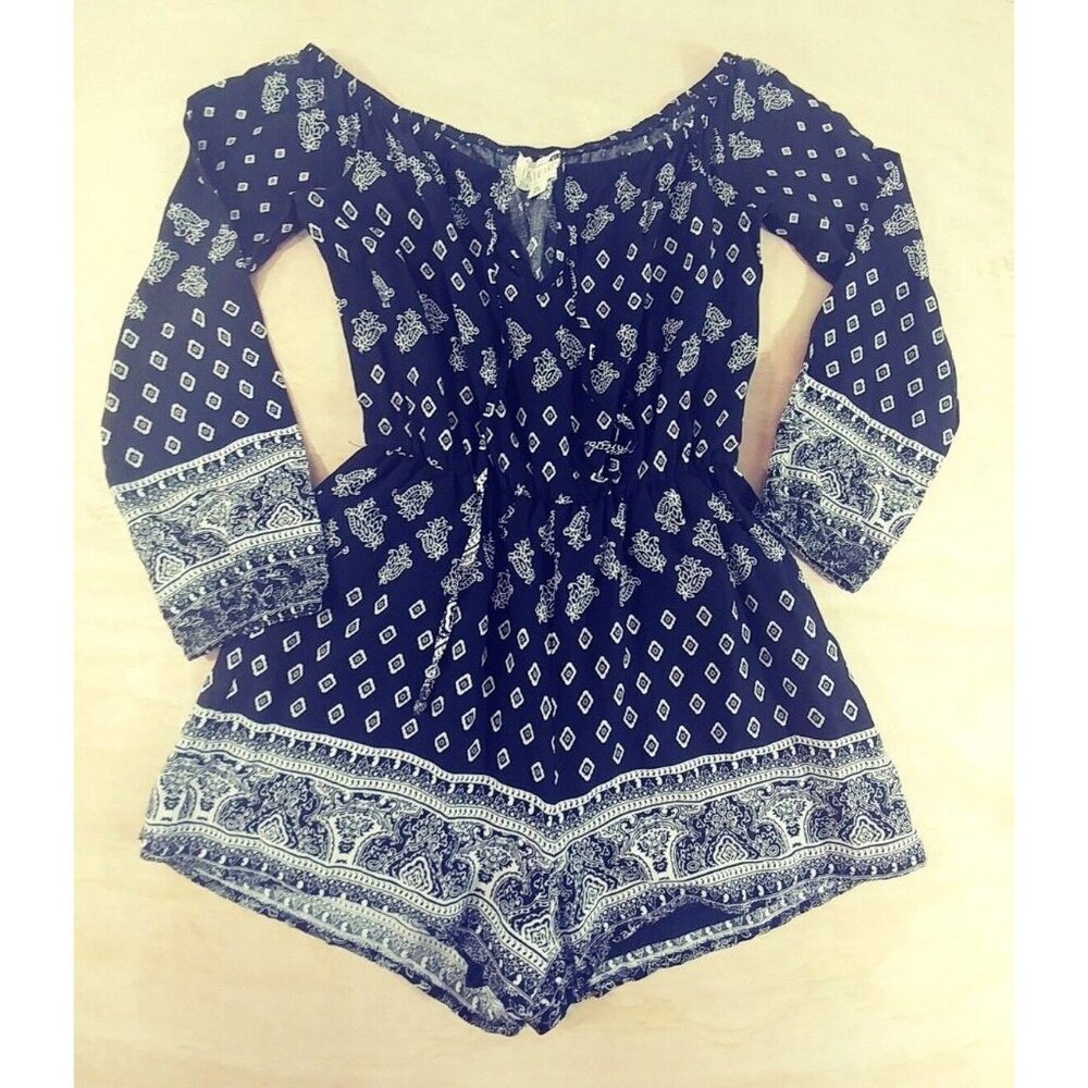 LA Hearts Black White India Style Geometric Print Long Sleeve Romper Womens XS